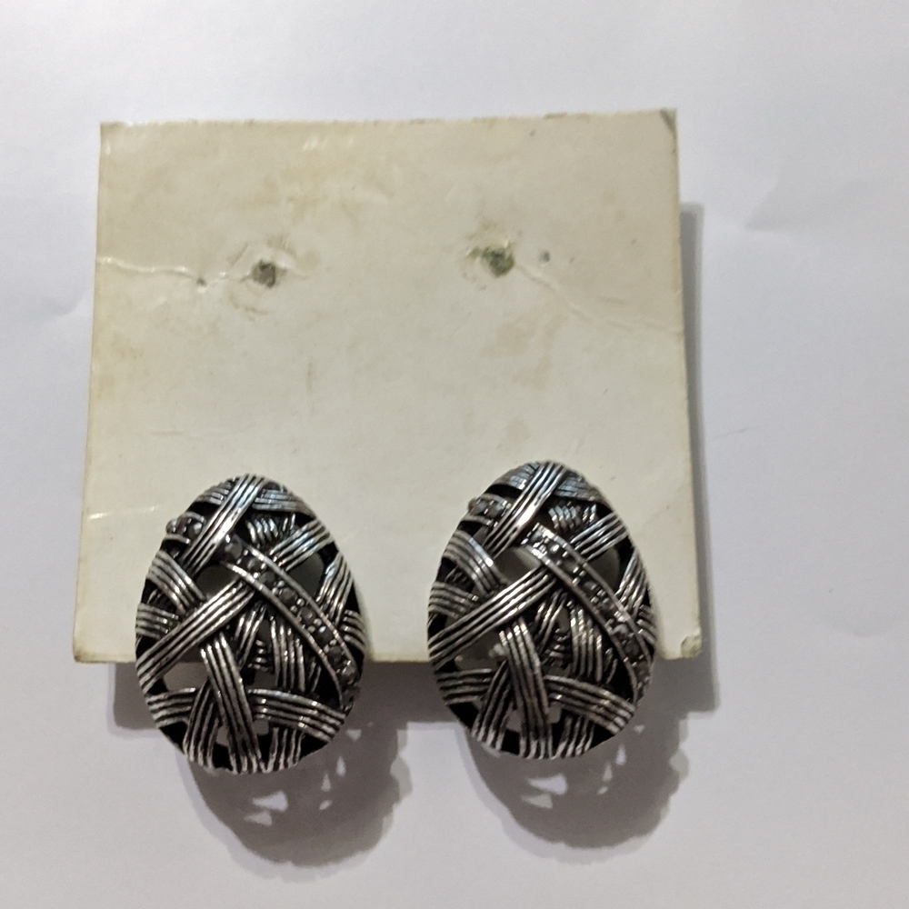 Vintage Silver Tone Marcasite Oval Clip On Statement Earrings